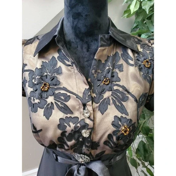 Black Floral Women's Polyester Collared Short Sleeve Knee Length Partywear Dress - Picture 5 of 10